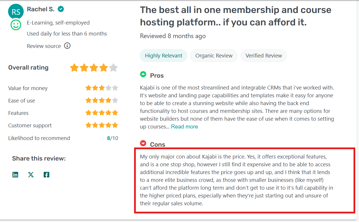 A Kajabi review mentioning that the platform is costly